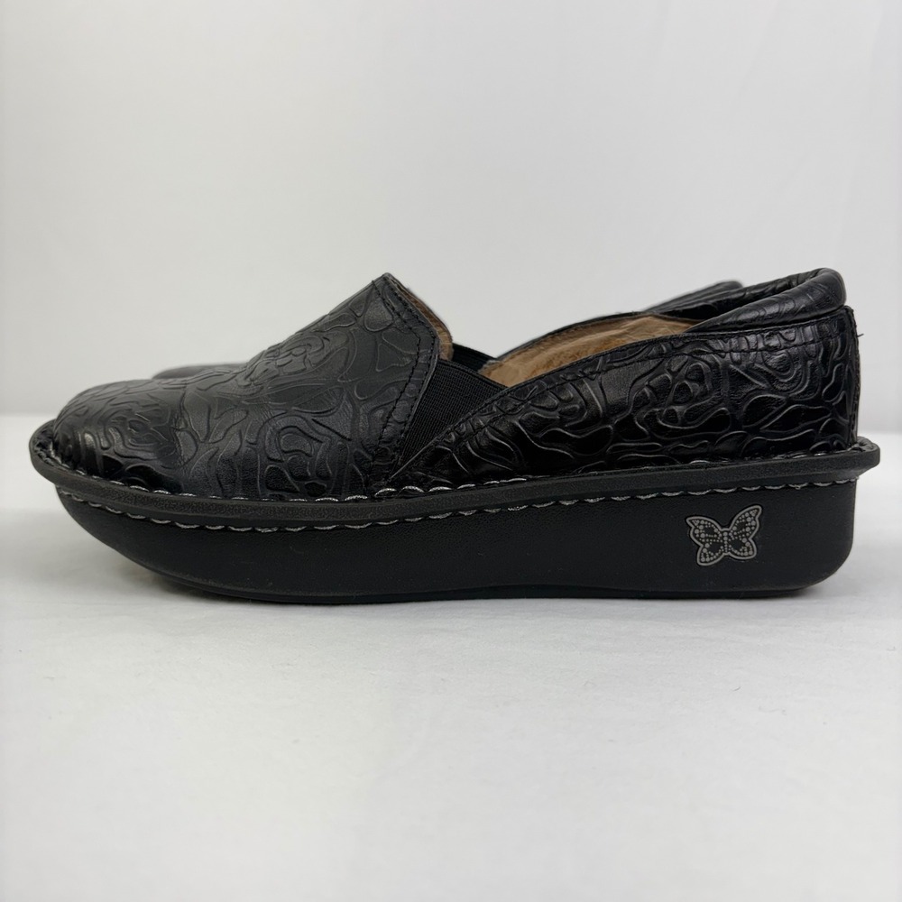 Alegria Debra Rose Embossed Black Leather‎ Slip On Comfort Clogs Shoes Size 38